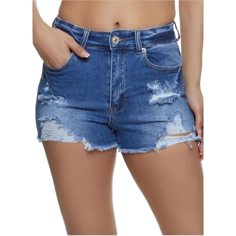 Womens Wax Jeans Distressed Raw Hem Medium Wash Denim Jean Shorts - Sz S ( 24 )
